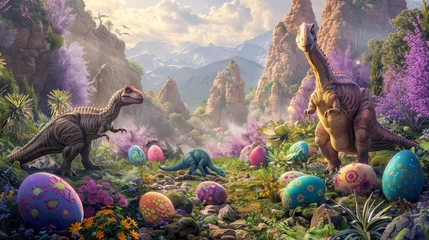Raamstickers Dinosaurs roam a fantasy landscape with colorful Easter eggs nestled among vibrant purple blooms and mountainous terrain under a sunny sky. © doraclub