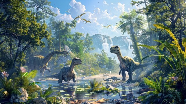 A captivating scene featuring a diverse herd of dinosaurs by a majestic waterfall, with pterosaurs flying overhead in a Cretaceous landscape.