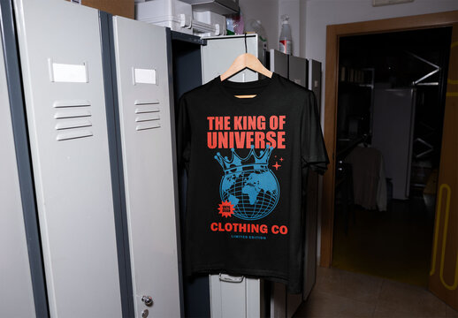 Mockup of customizable t-shirt hanging on door