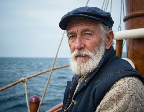A tired man with a beard and a hat is in his boat. He looks sad and lonely