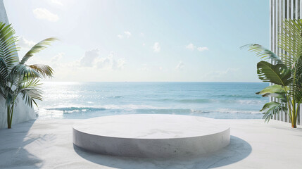 A white platform for displaying products with a background of a beach with bright blue water. Ai...