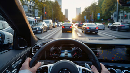 Automated car technology on city road at sunset with busy traffic
