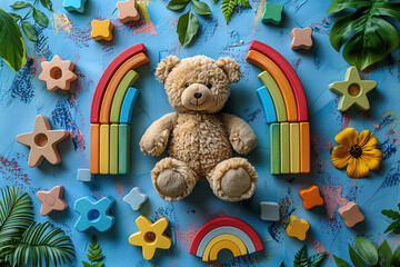 Teddy bear with colorful wooden toys and flowers on a blue background, playful and cheerful children's concept.