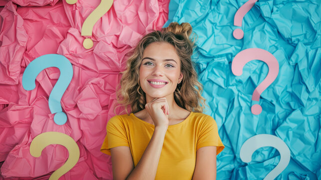 Cheerful young woman pondering over questions on colorful background