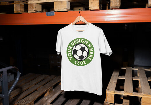 Mockup of customizable t-shirt hanging on shelf