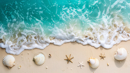Fototapeta na wymiar Tranquil sea coast with soft waves and seashells on sandy shore