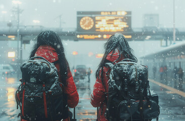 Two travelers with backpacks facing a train station clock in a snowy setting. - obrazy, fototapety, plakaty