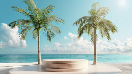 Layered circular empty product podium, under coconut trees, beautiful beach background.