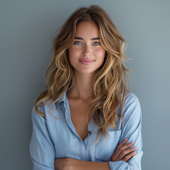 Fototapeta premium Happy young smiling confident professional business woman wearing blue shirt, pretty stylish female executive looking at camera, standing arms ai technology