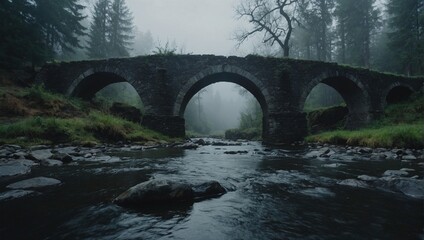 Fototapeta na wymiar An ancient bridge spans a small river. Trees in the fog and a mystical atmosphere