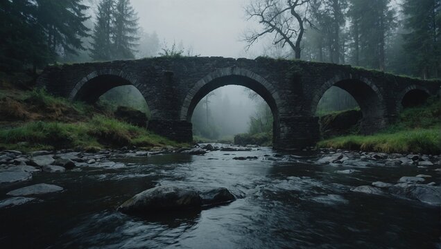 An ancient bridge spans a small river. Trees in the fog and a mystical atmosphere