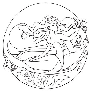 mermaid in the ocean, vector illustration line art