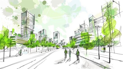 An artistic sketch depicting a bustling urban street scene focused on sustainable development, featuring pedestrians and cyclists coexisting in a green environment with eco-friendly infrastructure.