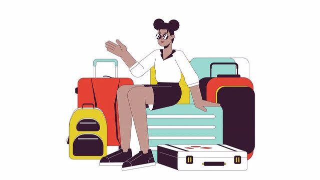 Suitcase pile girl line cartoon animation. Black female baggage 4K video motion graphic. Sunglasses cool woman sitting on luggage bags 2D linear animated character isolated on white background