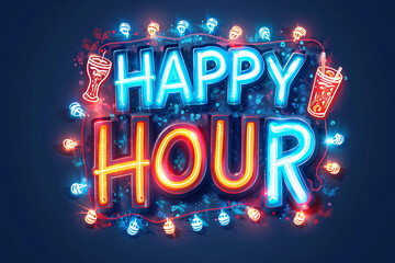 Colorful 'HAPPY HOUR' neon sign with party decorations