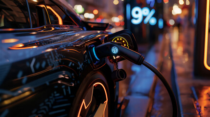 black car charging 9%, at public charging stations