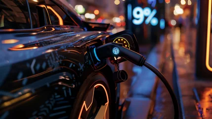 Fotobehang black car charging 9%, at public charging stations © Syukra