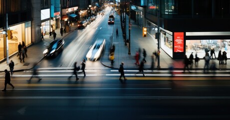 Fototapeta premium Bustling urban street at night, illuminated and full of life.