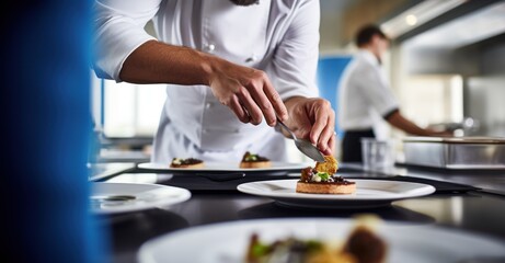 Obraz na płótnie Canvas Chef artistically plating gourmet cuisine in a warmly lit kitchen.