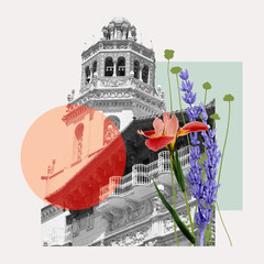 Obraz premium Creative collage of historic building with ornate tower with bells and vivid flowers. Advertisement for cultural heritage tours focusing on historical architecture. Concept of architecture, creativity