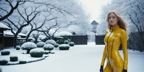 Strong real BDSM adult caucasian blond hair mistress wearing and poses in fetish deep yellow erotic latex rubber catsuit in japan winter frozen snowy garden - obrazy, fototapety, plakaty