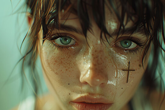 Close-up of a person with striking blue eyes and freckles, wet hair, and a small cross mark under one eye.