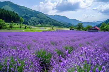 Lavender field with mountains in the background