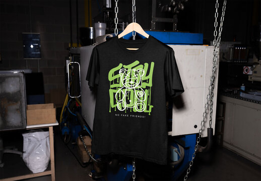 Mockup of customizable t-shirt hanging in warehouse