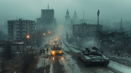Tanks entering into a ruined city, war destruction urban battlefield siege disaster scene aerial view - obrazy, fototapety, plakaty