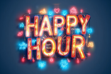 Neon 'HAPPY HOUR' sign with colorful lights and festive icons