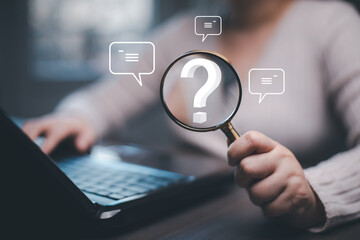 Ask question online concept, Businessman hand hold interface question marks sign web, Question...