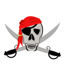 Tête de squelette avec bandeau sur un oeil, bandana et sabres