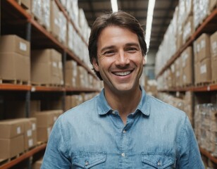 A smiling man stands in a warehouse with boxes around him.