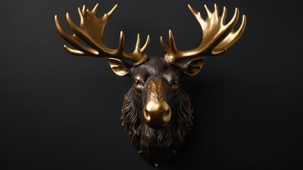 Pagan god moose head with antlers and golden details on dark background