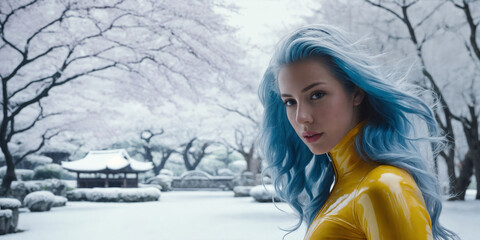 Strong real BDSM adult caucasian blue hair mistress wearing and poses in fetish deep yellow erotic latex rubber catsuit in japan winter frozen snowy garden - obrazy, fototapety, plakaty