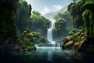 A majestic waterfall cascading down rugged cliffs into a pristine pool below, surrounded by lush greenery.
