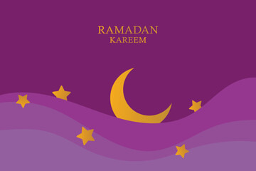 Obraz na płótnie Canvas Ramadan Kareem vector backgound, 3d paper cut waves and stars on night sky, template with gold moon.