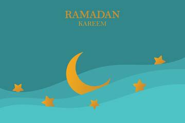 Ramadan Kareem vector backgound, 3d paper cut waves and stars on night sky, template with gold moon.