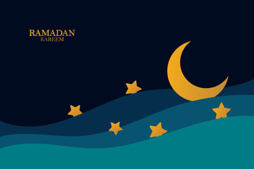 Ramadan Kareem vector backgound, 3d paper cut waves and stars on night sky, template with gold moon.