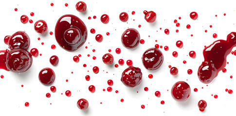 Drops and stains of red berry jam, sauce top view isolated on white background. Cranberry Jam drops close up  - obrazy, fototapety, plakaty