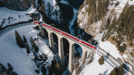 A train on a mountain bridge with a beautiful sunset landscape, scenic aerial snow view