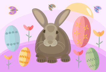 illustration of a vector rabbit in wonderland place with easter eggs and flower