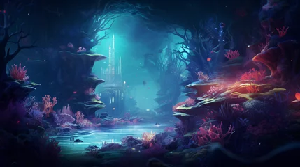 Tuinposter A dreamlike underwater world with glowing coral reefs © Gefer