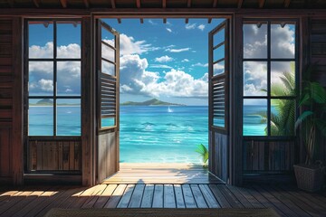 a room with open doors and a view of the ocean