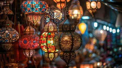 Naklejka premium A rich array of Moroccan lanterns offers a mesmerizing display of light and color, embodying the spirit of Moroccan craft.