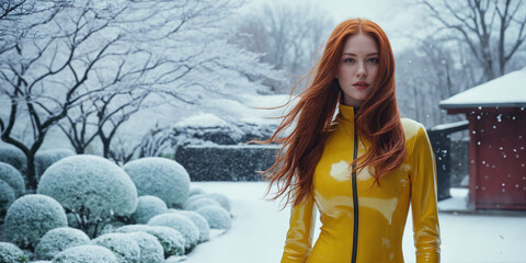 Strong real BDSM adult caucasian red hair mistress wearing and poses in fetish deep yellow erotic latex rubber catsuit in japan winter frozen snowy garden - obrazy, fototapety, plakaty