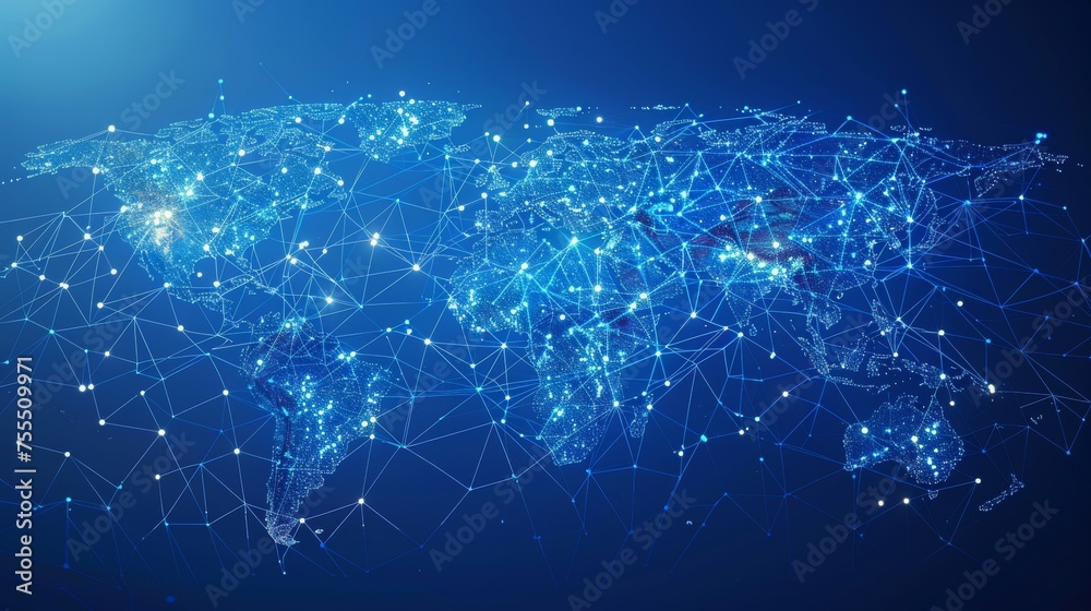 Poster An isometric world map with a polygonal wireframe composition isolated on a blue background. A polygonal space with lines and dots connected. An abstract illustration isolated on a blue background.