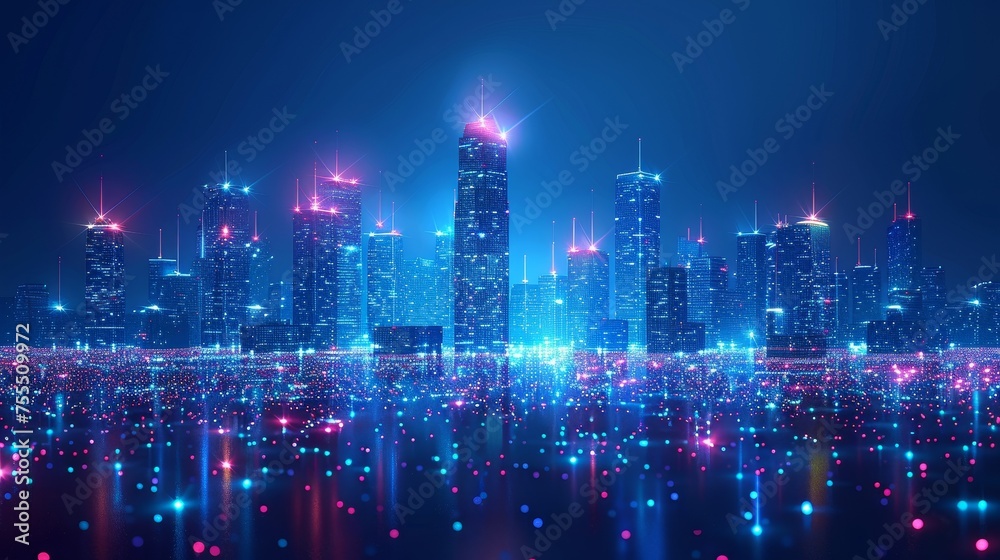 Leinwandbilder modern city skyline with network wireless systems and internet of things. low poly wireframe mesh is