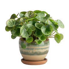 Stylish Variegated Pilea Peperomioides Variegata against White Background with Striped Green Transparent Cut-Out Design