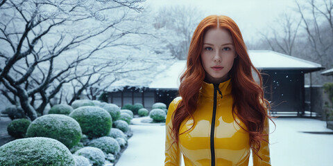 Strong real BDSM adult caucasian red hair mistress wearing and poses in fetish deep yellow erotic latex rubber catsuit in japan winter frozen snowy garden